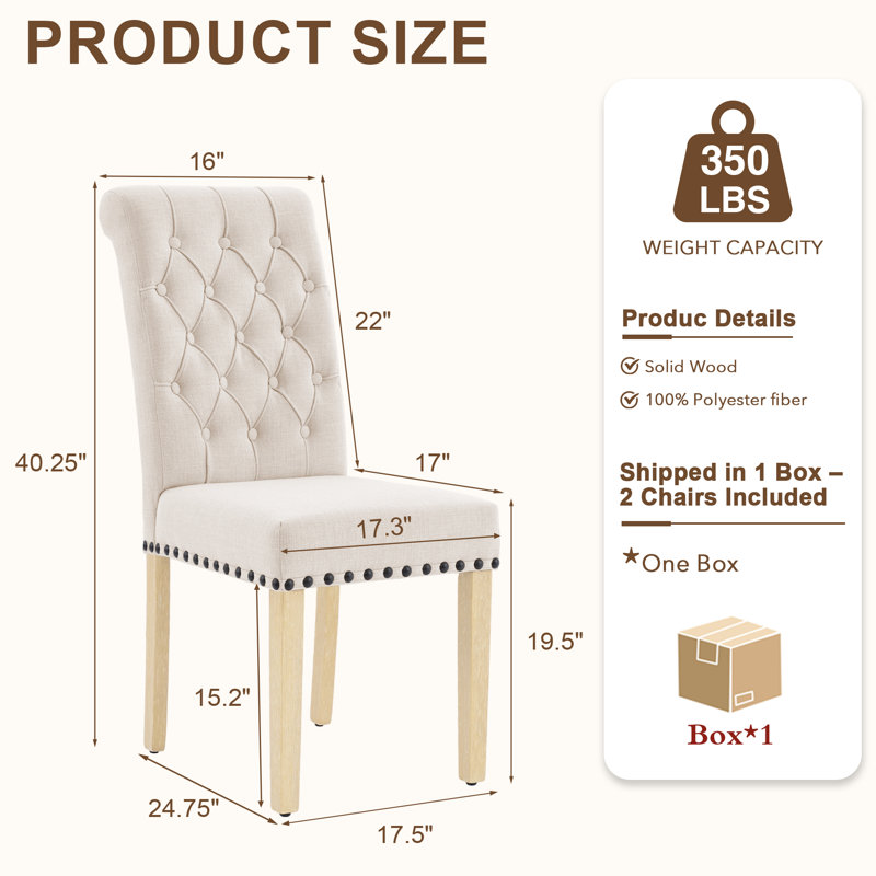 Amby Linen Tufted Upholstered Parsons Dining Chairs with Wood Legs, Beige