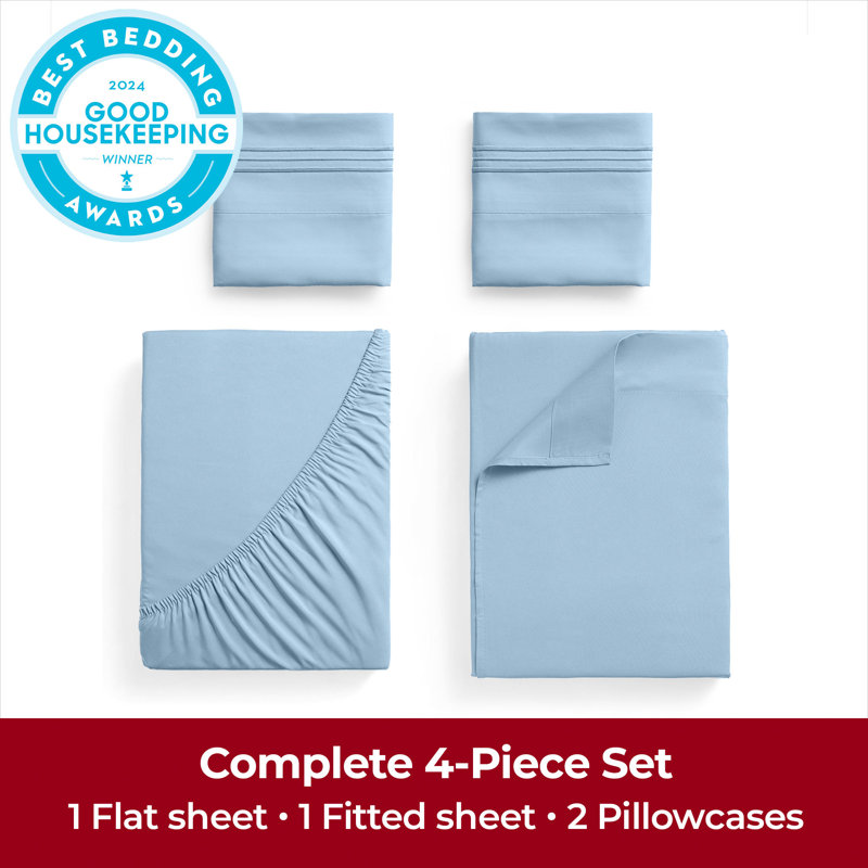 Draps 1800 bleu clair Mellanni, Ensemble de draps pour lit très grand californien, Light Blue