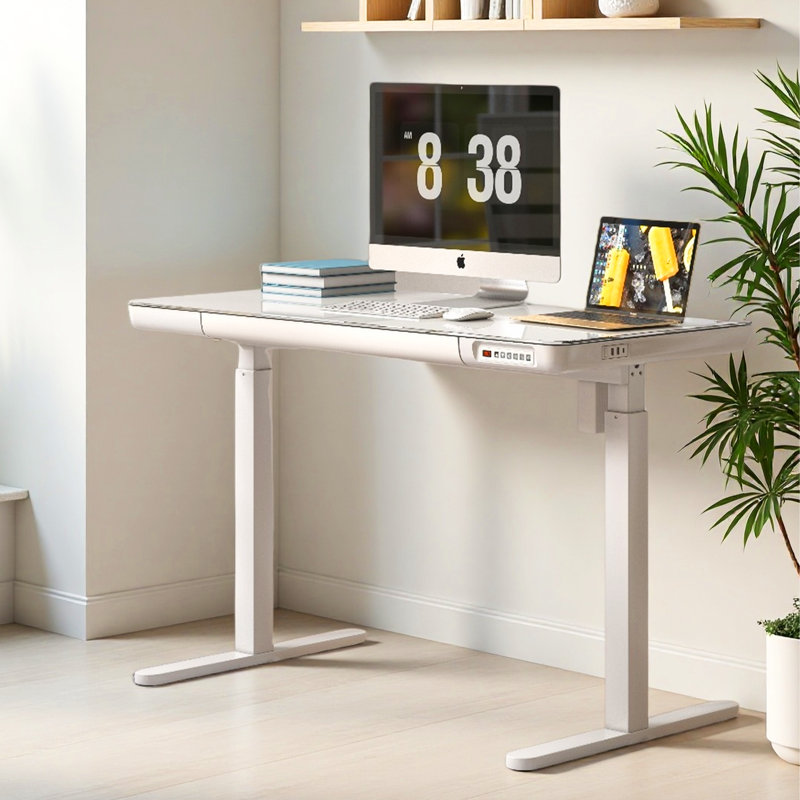 Home Office Height Adjustable Standing Desk with Drawer, White