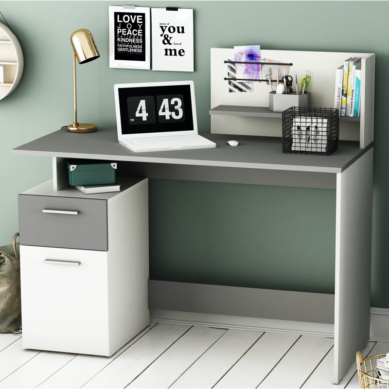 Fidencia Computer Writing Desk With Storage, White/Graphite Grey, 110cm H x 121cm W x 55cm D
