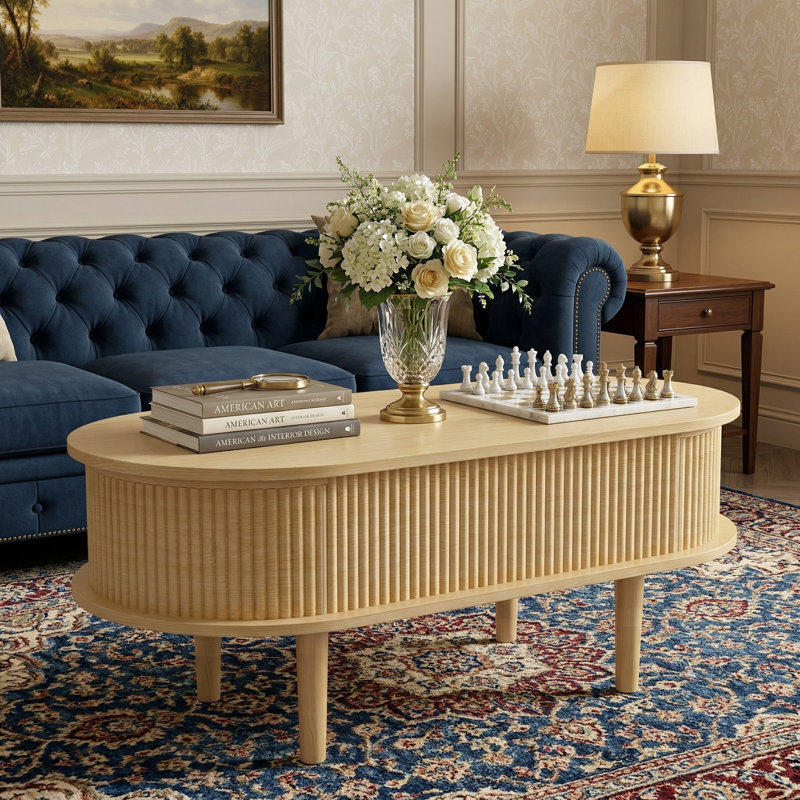 Table basse ovale à plateau relevable cannelé avec compartiment caché, finition naturelle, Bois naturel