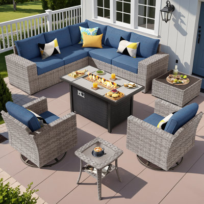 Ensemble de conversation pour 7 personnes avec chaise berçante pivotante, ensemble de conversation modulaire en rotin et osier avec coussins, ensemble de conversation pour canapé toutes saisons avec foyer pour table de jardin	