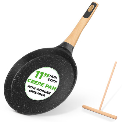 Nutrichef 11” Non-Stick Crepe Pan With Wooden Spreader, Durable Marble Coated Dosa Pan, Bakelite And Wood Handle With Induction Bottom, Easy-To-Clean, Stain-Resistant (Marble)