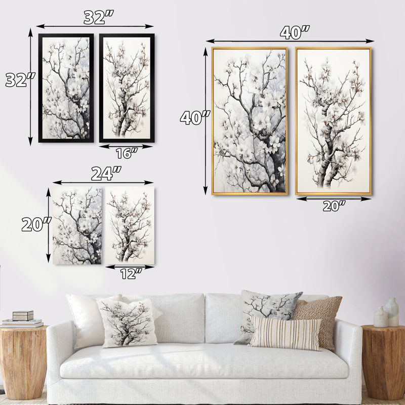 «Grey White Tree Graphite Whispers», 2 pièces sur toile, Encadrement brun, H 32 po x l 32 po