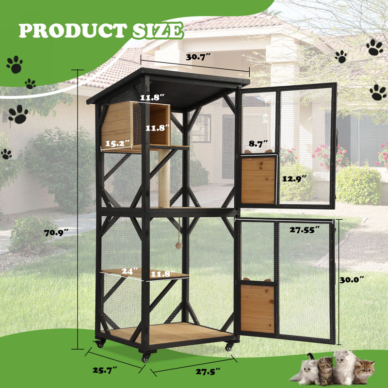 Black and Natural Wood 4-Tier Outdoor Cat Enclosure with Wheels