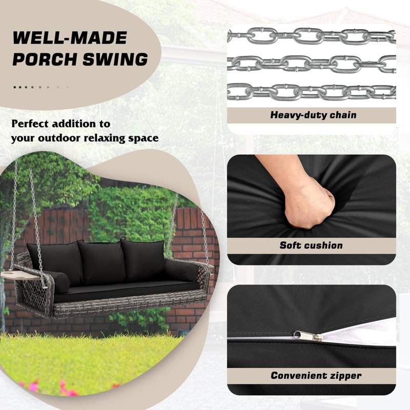 Balancelle d'extérieur en rotin pour 3 personnes avec coussin et oreiller, Noir