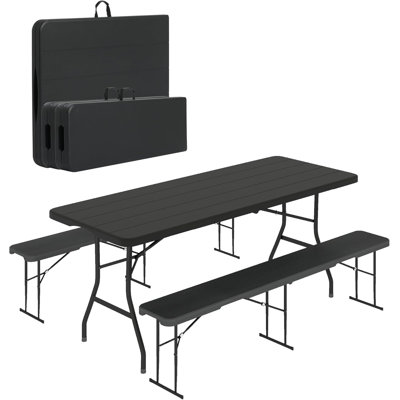F180-2W+D183W-6FT Blow-molded Folding Table and Chair Set (One table, two chairs) - Table with side lock, chair with pull ring - Black wood grain