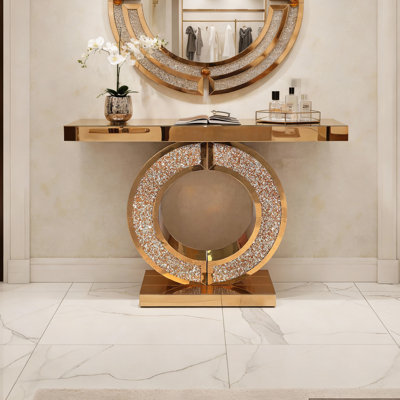Console en miroir avec incrustation de diamant concassé, longue entrée modulable, base étroite moderne à 0 forme (brun)