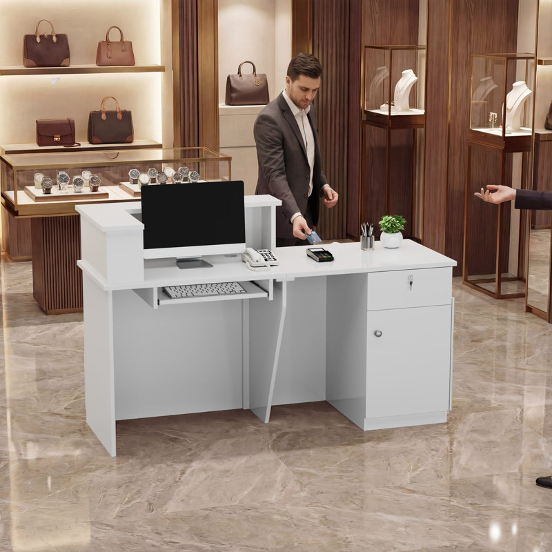 Bureau de réception rectangulaire moderne avec rangement verrouillable et éclairage RVB, H 39,37 po x l 62,99 po x P 23,62 po