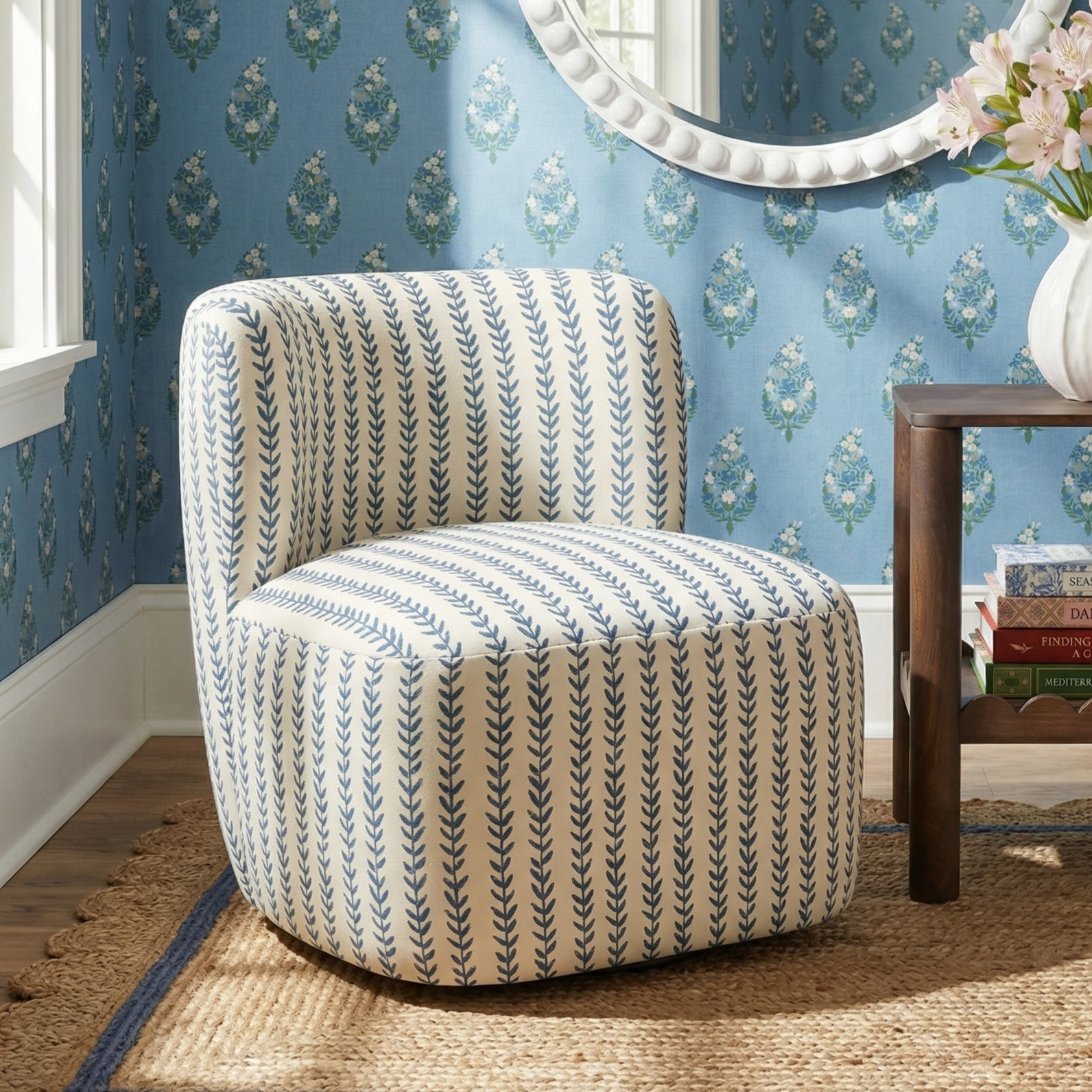Mariza Upholstered Swivel Slipper Chair, Texture Block Blue