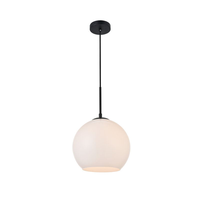 Luminaire suspendu sphérique simple à 1 lumière Snead, Noir, Blanc givré, H 72 po x l 11,8 po x P 11,8 po