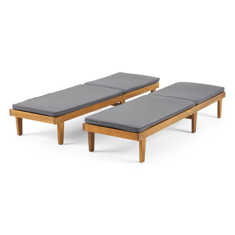 Muir Outdoor Acacia Wood Chaise Lounge , Cushion Included, Gray Frame / Dark Gray Cushion