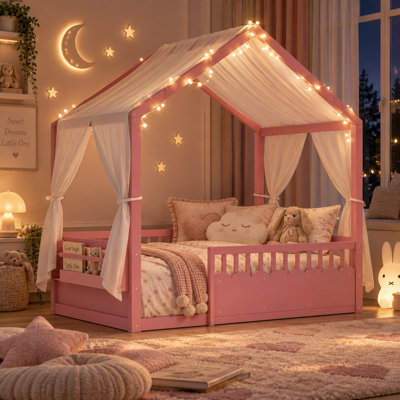 Elowen Twin Wood Montessori House Bed with Guardrails, Door, Bookshelf and String Lights