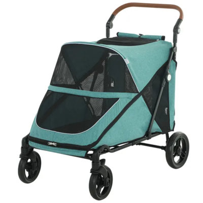 Grande poussette pour chien jusqu'à 66 lb, poussette tout-terrain à suspension à ressort avec poignée réglable à 8 positions - bleu sarcelle