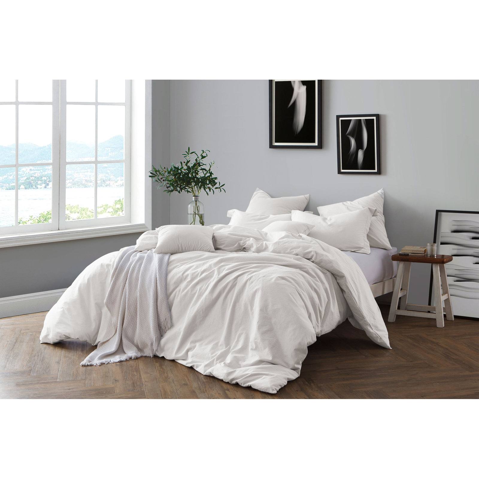 Crinkle Washed Cotton Duvet Cover Set, King/Cal. King Duvet Cover + 2 Shams, Ivory