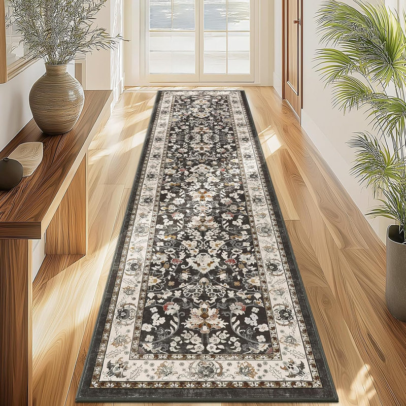 Floral Soft Faux Wool Kitchen Rug Carpet Runner for Kitchen Laundry Entryway Bedroom, Black, Runner 2' x 10'