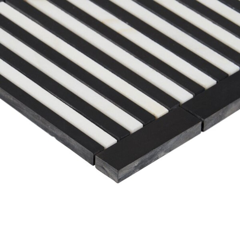 Monroe 8x8 Geometric Border Polished Marble Mosaic Tile, Black Jade