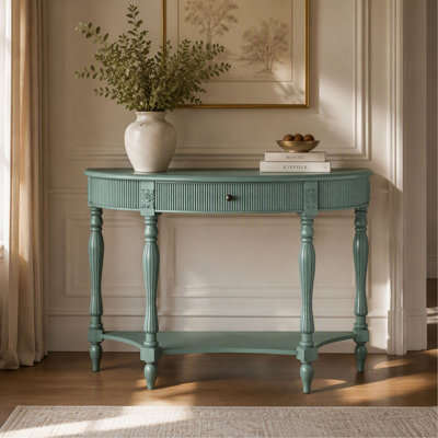Console - Demi-lune - avec tiroir et tablette - Cannelé - Courbé - Pieds de colonne romaine - Vert rustique - Bois massif