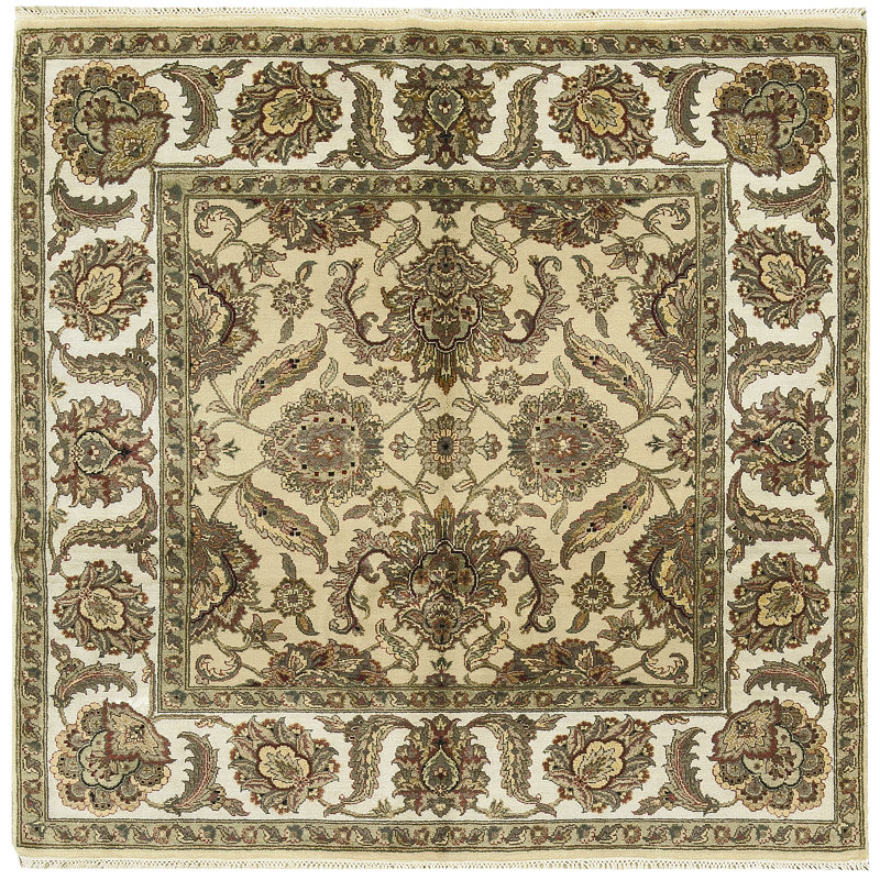 Tapis carré doré et ivoire de haute qualité noué à la main