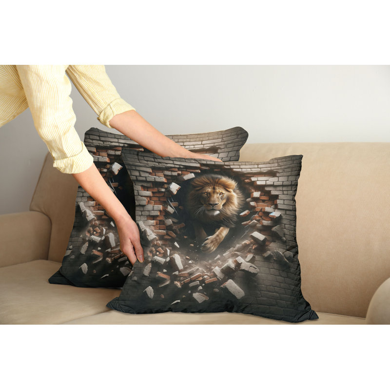 430022_Ambesonne Lion, housse de coussin, paquet de 2, très grand lit, sortie du mur de briques, H 18 po x l 18 po