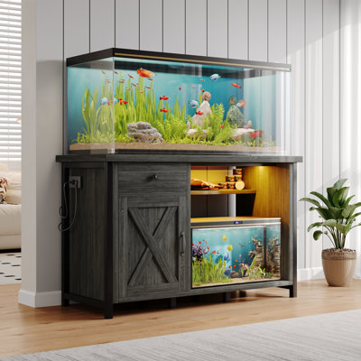 Support d'aquarium avec lumière DEL et prises de courant Helge 55 gallons, support d'aquarium de 55 à 75 gallons avec tiroir et porte de grange