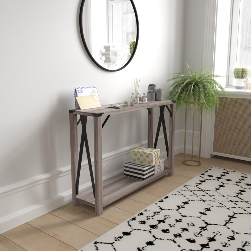 Tennley 2-Tier Console Table with Metal Side Braces and Corner Caps, Gray Wash