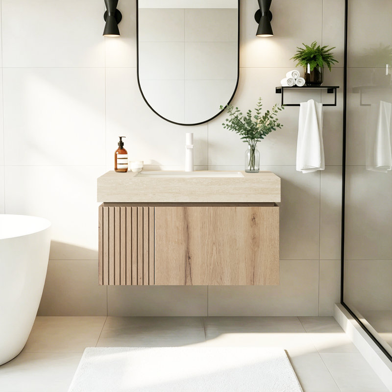 Meuble-lavabo mural moderne en pierre frittée de style moderne 30 po avec lavabo en céramique blanc