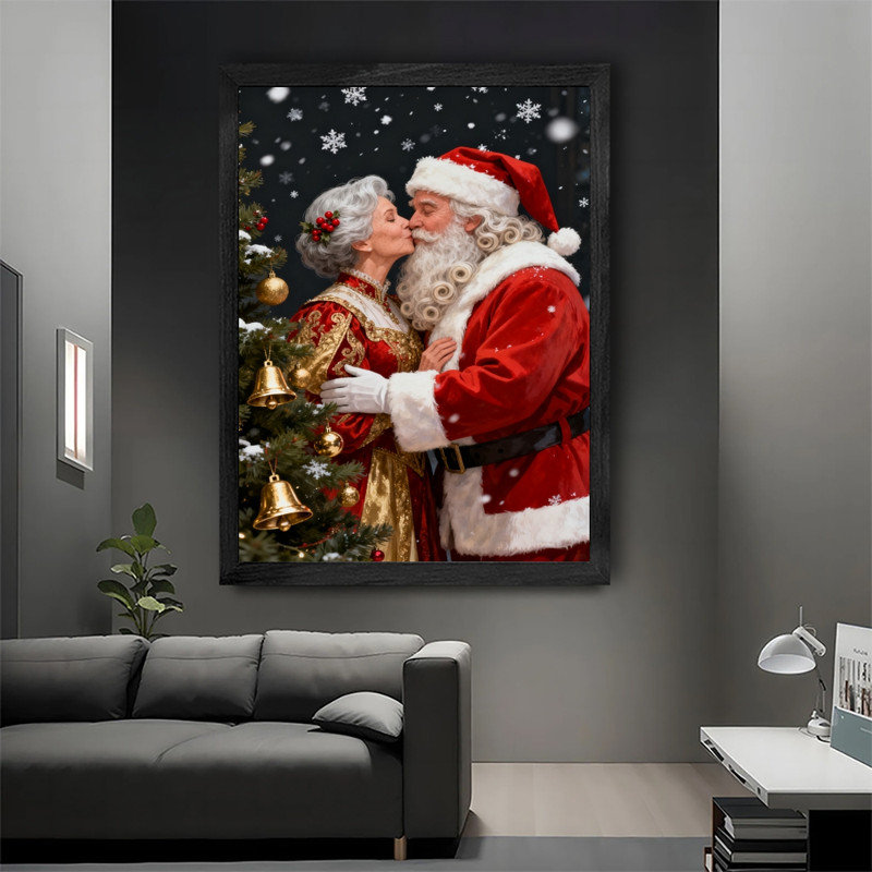 «Black Santa», art mural encadré noir - décorations festives romantiques enneigées, H 25 po x l 17 po