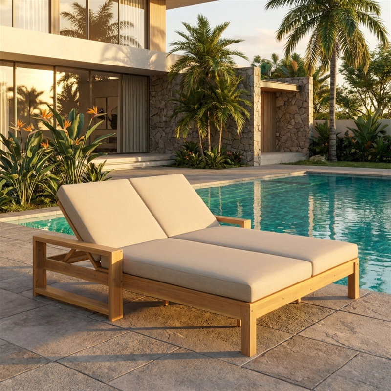 5-Position Adjustable Outdoor Double Lounge Chair – Light Teak, Light Teak