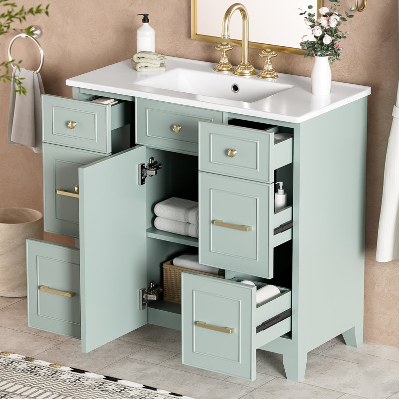 Meuble-lavabo 36 po avec lavabo simple en céramique, portes à fermeture douce, 4 tiroirs et tablette réglable