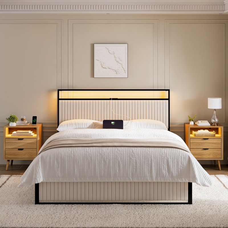 Ensembles de chambre à coucher 3 pièces Grise, lit tapissier avec 2 tiroirs et table de chevet 2 vagues, Beige / Naturel