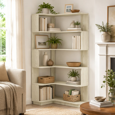 Bibliothèque de coin surdimensionnée en L à 5 niveaux pour le salon, la chambre à coucher, le bureau personnel, avec tablette anti-chute et anti-basculement