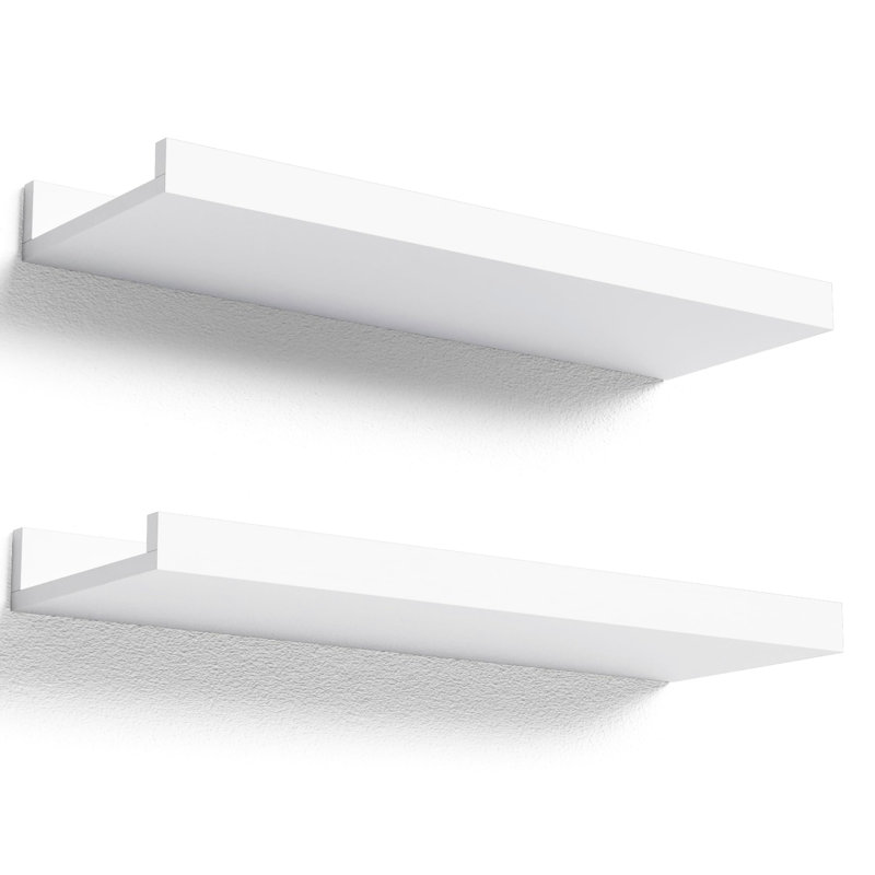 White Modern Floating Shelves (2). Engineered Wood Manufactured, 20 Lbs Holding Power. Elevate Your Room Decor. Easy Installation Directions Supplied. Show Valuables 2 For Wall. Construction, Holds