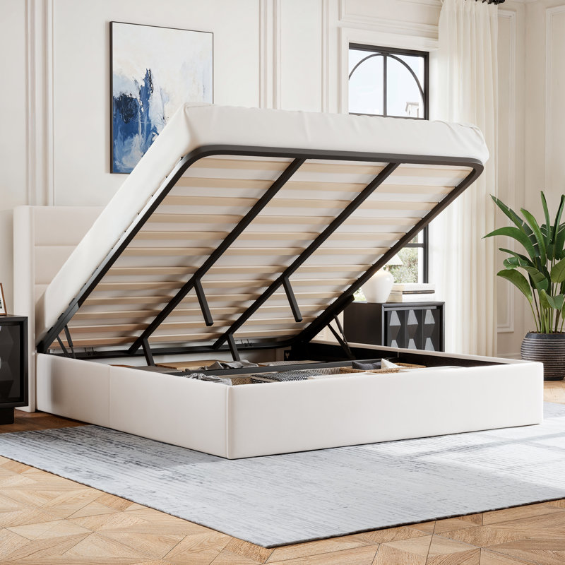 Structure de lit plateforme tapissier avec rangement relevable, Blanc, Très grand