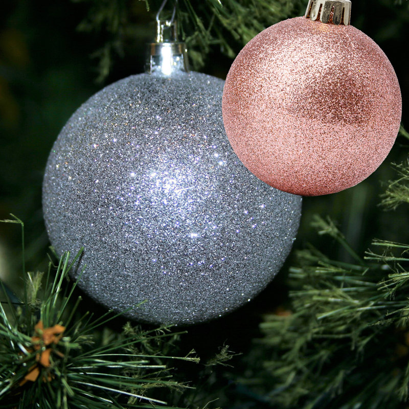 Rose Gold and Silver Shatterproof Christmas Ornament Set with Metal Hooks
