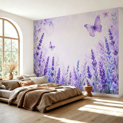 Papier peint adhésif peler et coller aquarelle fleurs de lavande papillons sans bordure Adhésif amovible Papier contact décoratif pour le salon Chambre à coucher H 69 po x l 96 po