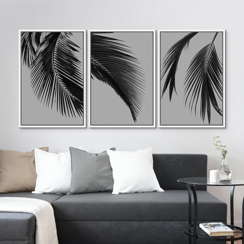 Tropical Palm " IDEA4WALL Framed Canvas Print Wall Art Tropical Jungle Palm Leaf Botanical Prints Minimalist Modern Art Nature Wall Decor For Bedroom " 3 - Pieces