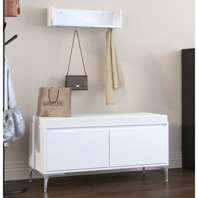 Ensemble de tablette de hall d'entrée murale avec crochets et banc de rangement, armoire à chaussures blanche moderne avec coussin et rangement fermé pour le couloir, la chambre à coucher