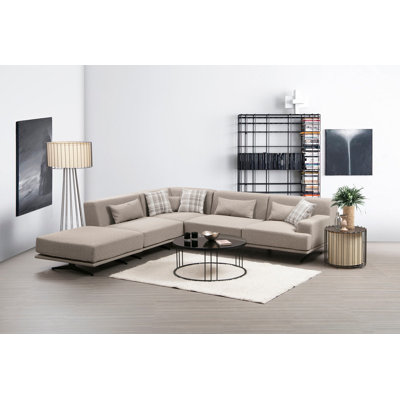 Stylish Corner Sofa, Beige, 118.9 x 31.5 x 118.9 inches | Durable Beech Wood & Chipboard Frame, 100% Polyester Fabric | Soft Grey Foam & Pocket Spring Seating, Dry-Cleanable, Modern Industrial Design