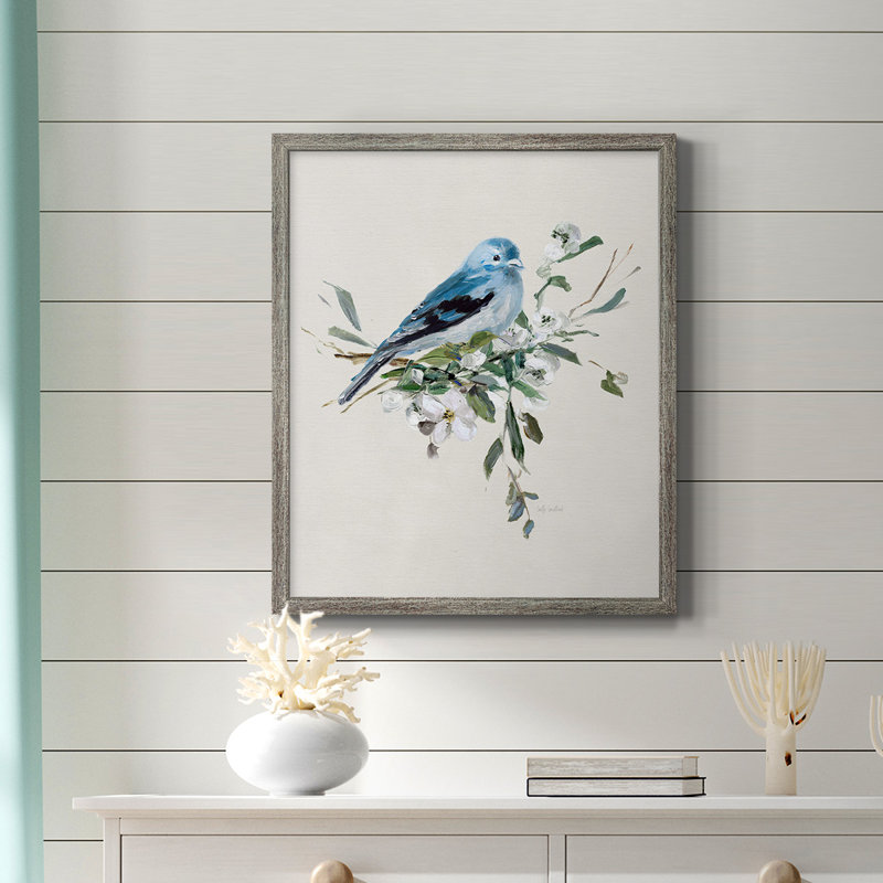 «Bluebird Happy I», toile encadrée de qualité supérieure - prête à être accrochée, Argent patiné, H 20 po x l 16 po