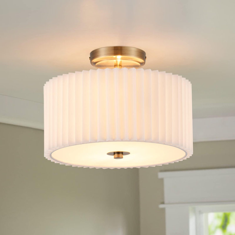Semi Flush Mount Ceiling Light 12.2In Ceiling Light Fixture With Pleated Shade 2-Light Modern Drum Light Fixture White Shade & Bronze Finish