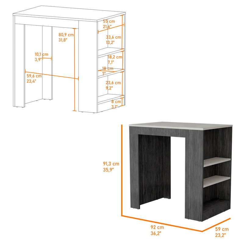 Îlot rectangulaire à hauteur de comptoir pour la cuisine - chêne et 3 tablettes pratiques et élégantes en marbre de petite largeur, rangement essentiel