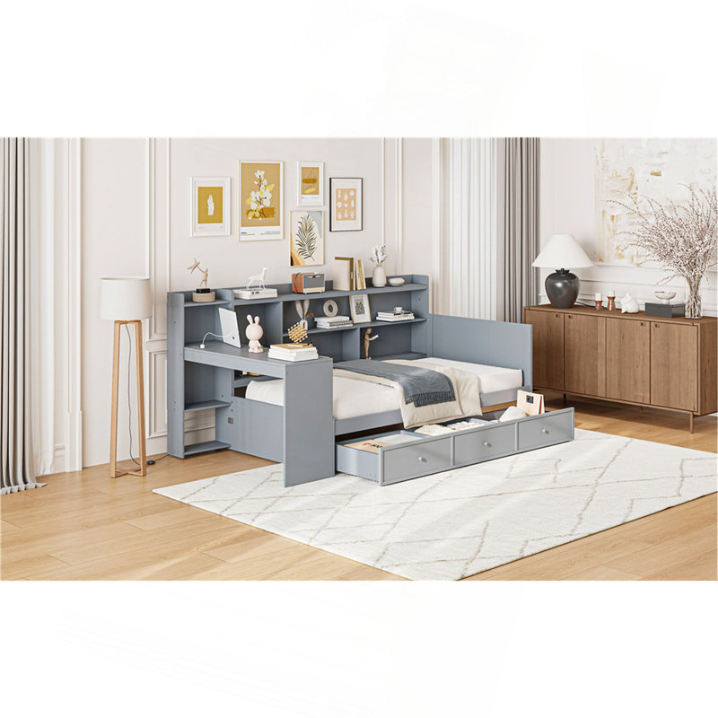 Lit de jour simple en bois avec 3 tiroirs, ports USB et bureau, gris