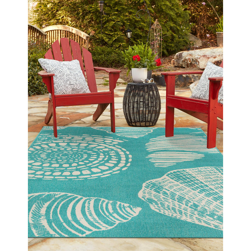 Tapis bleu sarcelle intérieur / extérieur tissé à la machine 4 pi 1 po Geo, Rectangle 4 pi 1 po x 6 pi 1 po