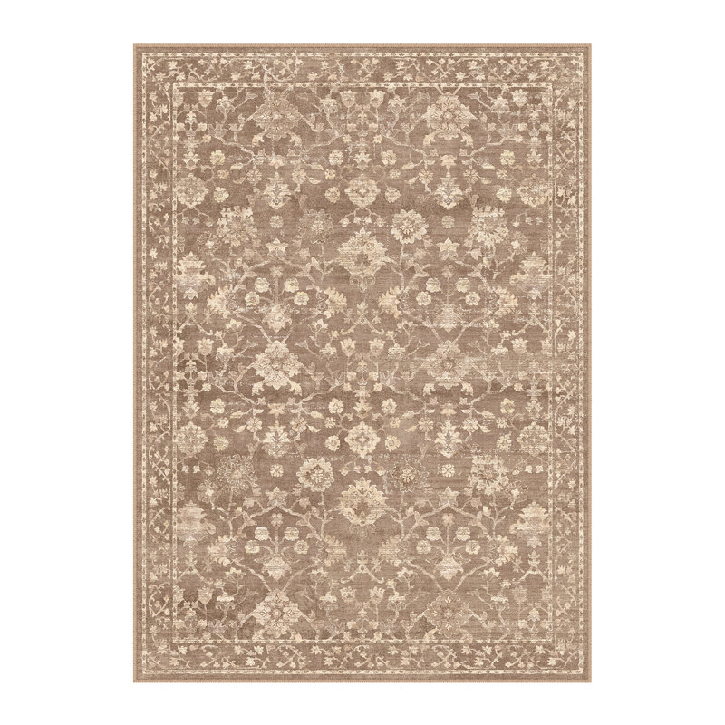 Tapis lavable à motif floral rétro Avella avec envers antidérapant, Brun, Rectangle 60 po x 36 po