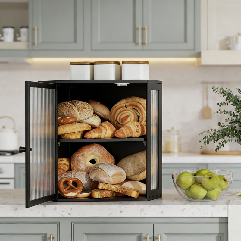 Corner Bread Box For Kitchen Countertop With Acrylic Door, Double Layer Large Capacity Bread Storage Bin And Container, Black