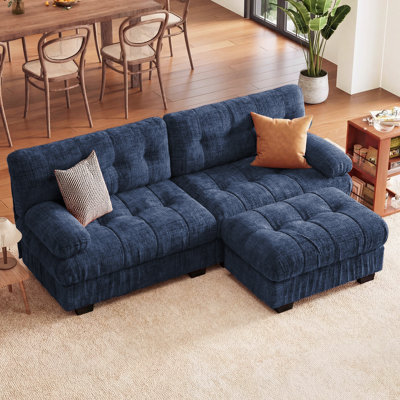 Shamus Modular Sectional Couch With Ottoman, 3-Seater Modern L-Shaped Sofa Couches, Comfy Chenille Sofa-Blue