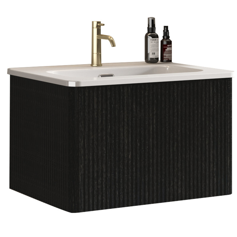 Bathroom Vanity - Striped Black Oak, White Ceramic Sink Majesty Oak Texture, Modern Flair, Black, 23"