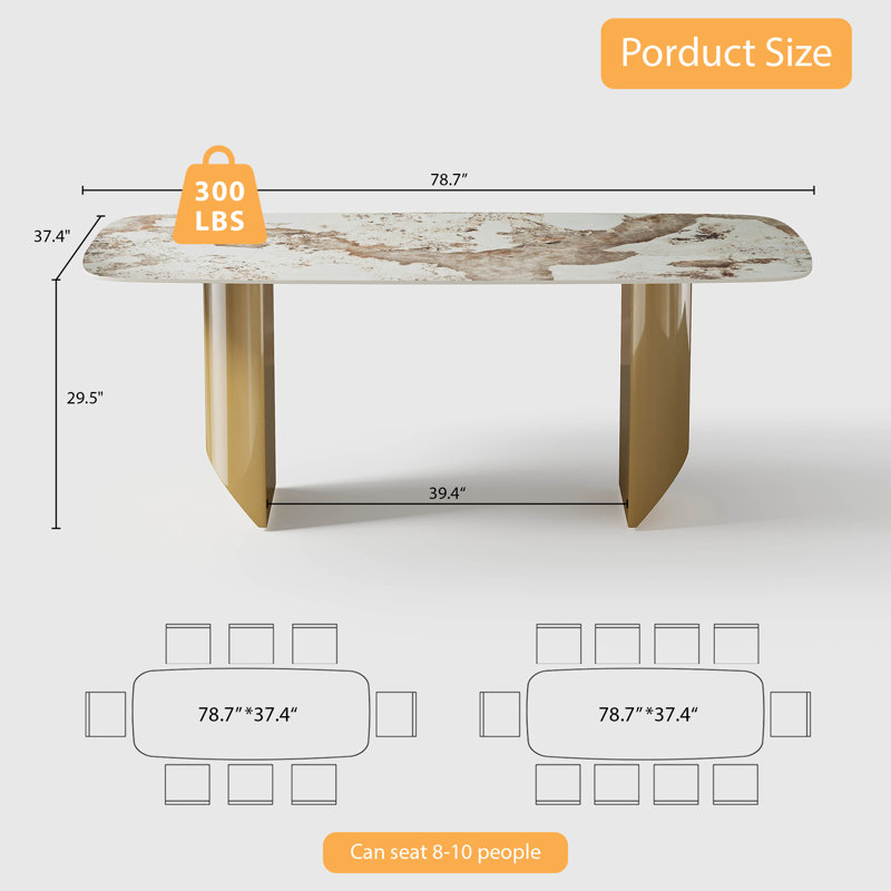 Hugette Modern 78.7" Sintered Stone Dining Table for 6-8 People, Large Rectangle Dining Room Table, Luxury White & Gold Kitchen Table with H-shape Stainless Steel Base (Table Only )
