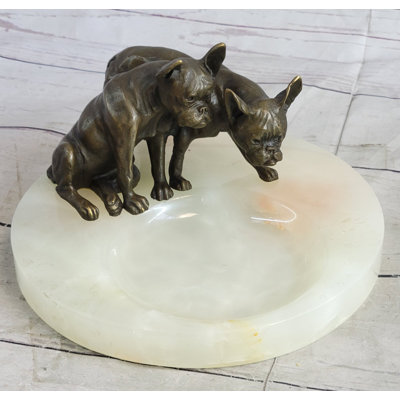 Thibaud French Bulldog Pug Bronze & Onyx Stone Dish Key Card Holder Soap Tray Sculpture